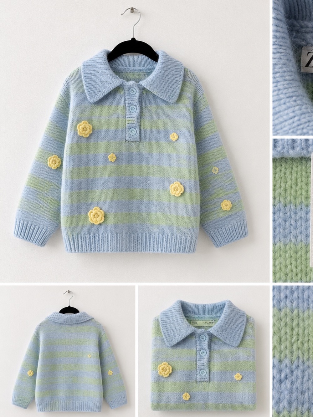 ZARA Striped Pastel Flower Floral Appliqué Oversized Knit Jumper Size Small